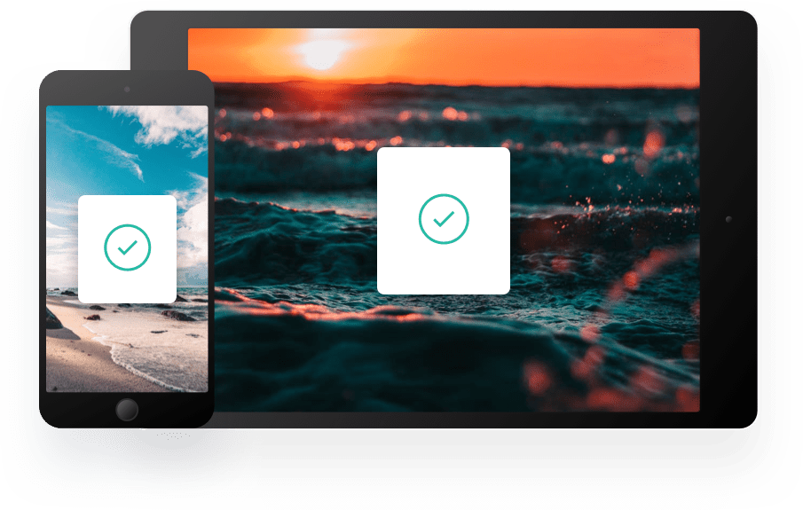 An iPad and an iPhone a green checkmark in a green circle on each screen